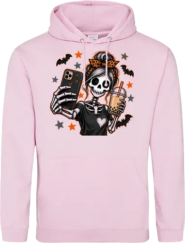 Skelett-Mädchen Selfie Boba Halloween - skelett mädchen, halloween, boba, bubble tea, selfie, kawaii, spooky, schädel, süß, lustig, kürbis, gruselig, halloween motiv, herbst - Standard Hoodie