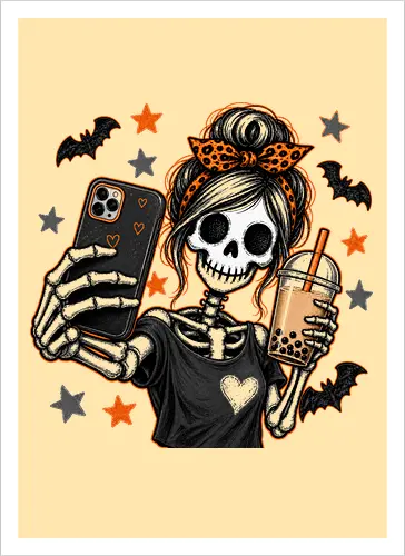 Skelett-Mädchen Selfie Boba Halloween - skelett mädchen, halloween, boba, bubble tea, selfie, kawaii, spooky, schädel, süß, lustig, kürbis, gruselig, halloween motiv, herbst - Kunstdruck