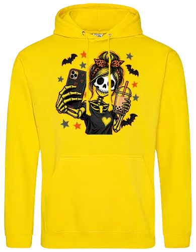 Skelett-Mädchen Selfie Boba Halloween - skelett mädchen, halloween, boba, bubble tea, selfie, kawaii, spooky, schädel, süß, lustig, kürbis, gruselig, halloween motiv, herbst - Standard Hoodie
