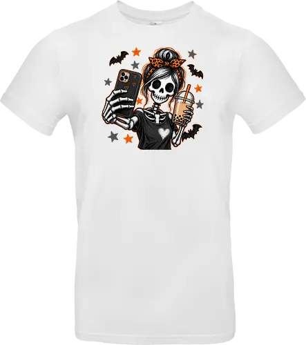 Skelett-Mädchen Selfie Boba Halloween - skelett mädchen, halloween, boba, bubble tea, selfie, kawaii, spooky, schädel, süß, lustig, kürbis, gruselig, halloween motiv, herbst - Standard T-Shirt