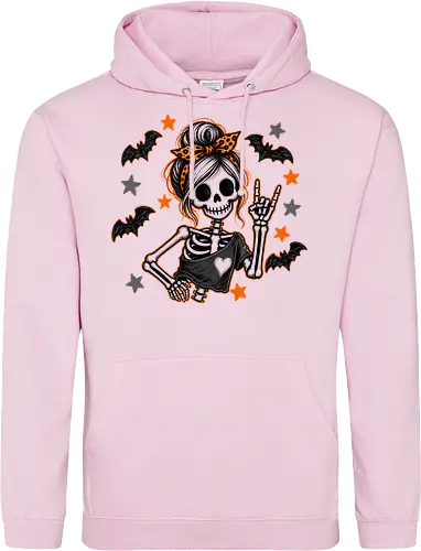 Skelett-Mädchen Halloween Rockerin Gruselig Lustig - Skelett, Skelett-Mädchen, Halloween, Rockerin, Rock, gruselig, lustig, Totenkopf, Kawaii, süßes Skelett, Kürbisse, Sterne, Alternative, Gruselzeit - Standard Hoodie