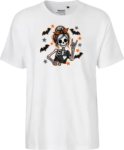 Skelett-Mädchen Halloween Rockerin Gruselig Lustig - Skelett, Skelett-Mädchen, Halloween, Rockerin, Rock, gruselig, lustig, Totenkopf, Kawaii, süßes Skelett, Kürbisse, Sterne, Alternative, Gruselzeit - Fairtrade T-Shirt