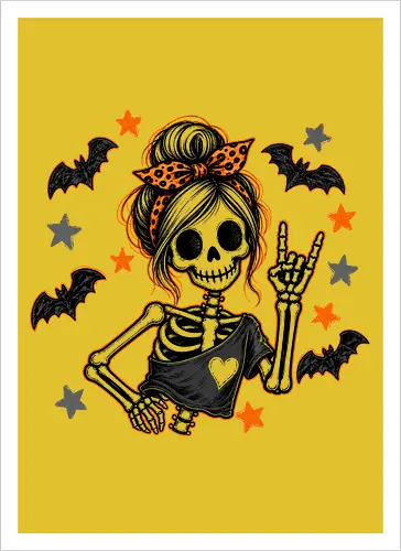 Skelett-Mädchen Halloween Rockerin Gruselig Lustig - Skelett, Skelett-Mädchen, Halloween, Rockerin, Rock, gruselig, lustig, Totenkopf, Kawaii, süßes Skelett, Kürbisse, Sterne, Alternative, Gruselzeit - Kunstdruck