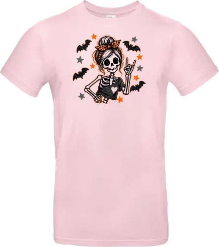 Skelett-Mädchen Halloween Rockerin Gruselig Lustig - Skelett, Skelett-Mädchen, Halloween, Rockerin, Rock, gruselig, lustig, Totenkopf, Kawaii, süßes Skelett, Kürbisse, Sterne, Alternative, Gruselzeit - Standard T-Shirt