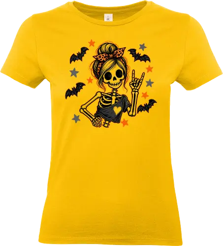 Skelett-Mädchen Halloween Rockerin Gruselig Lustig - Skelett, Skelett-Mädchen, Halloween, Rockerin, Rock, gruselig, lustig, Totenkopf, Kawaii, süßes Skelett, Kürbisse, Sterne, Alternative, Gruselzeit - Standard T-Shirt (Frauen)