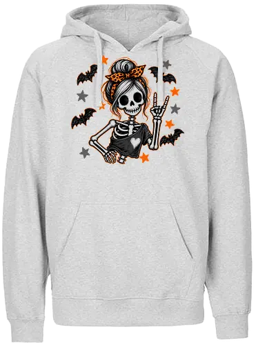 Skelett-Mädchen Halloween Rockerin Gruselig Lustig - Skelett, Skelett-Mädchen, Halloween, Rockerin, Rock, gruselig, lustig, Totenkopf, Kawaii, süßes Skelett, Kürbisse, Sterne, Alternative, Gruselzeit - Fairtrade Hoodie