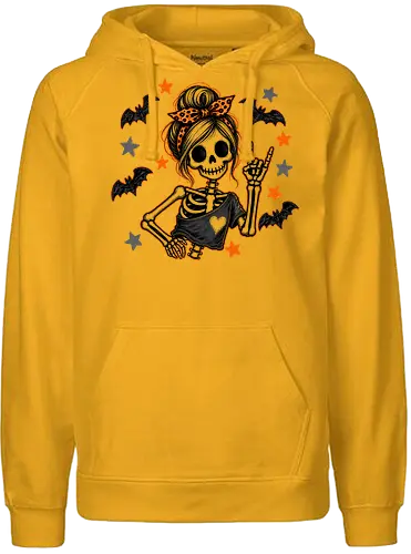 Skelett-Mädchen Halloween Rockerin Gruselig Lustig - Skelett, Skelett-Mädchen, Halloween, Rockerin, Rock, gruselig, lustig, Totenkopf, Kawaii, süßes Skelett, Kürbisse, Sterne, Alternative, Gruselzeit - Fairtrade Hoodie