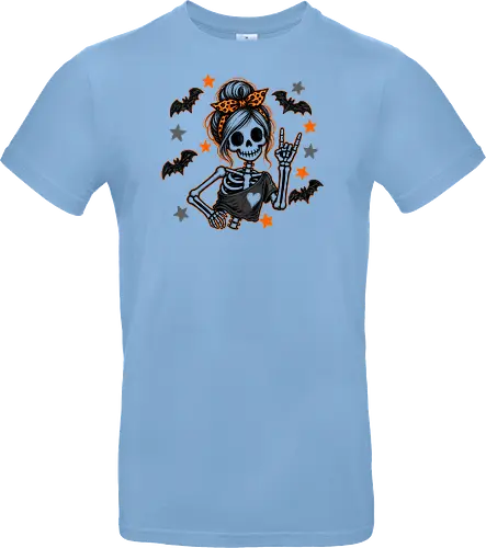 Skelett-Mädchen Halloween Rockerin Gruselig Lustig - Skelett, Skelett-Mädchen, Halloween, Rockerin, Rock, gruselig, lustig, Totenkopf, Kawaii, süßes Skelett, Kürbisse, Sterne, Alternative, Gruselzeit - Standard T-Shirt
