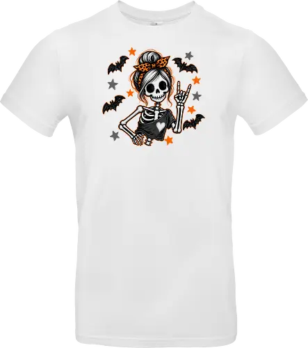Skelett-Mädchen Halloween Rockerin Gruselig Lustig - Skelett, Skelett-Mädchen, Halloween, Rockerin, Rock, gruselig, lustig, Totenkopf, Kawaii, süßes Skelett, Kürbisse, Sterne, Alternative, Gruselzeit - Standard T-Shirt