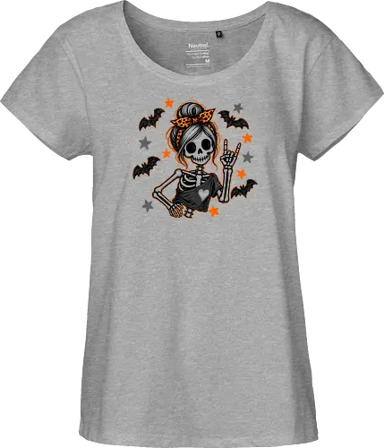 Skelett-Mädchen Halloween Rockerin Gruselig Lustig - Skelett, Skelett-Mädchen, Halloween, Rockerin, Rock, gruselig, lustig, Totenkopf, Kawaii, süßes Skelett, Kürbisse, Sterne, Alternative, Gruselzeit - Fairtrade Girl Shirt