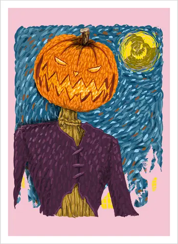 Starry Night in Halloween town - van gogh, starry night, scarecrow, pumpkin, night before christmas, terror movies, animation, halloween - Kunstdruck