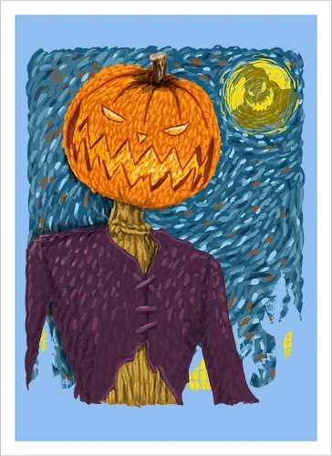 Starry Night in Halloween town - van gogh, starry night, scarecrow, pumpkin, night before christmas, terror movies, animation, halloween - Kunstdruck