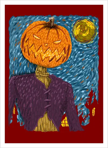 Starry Night in Halloween town - van gogh, starry night, scarecrow, pumpkin, night before christmas, terror movies, animation, halloween - Kunstdruck