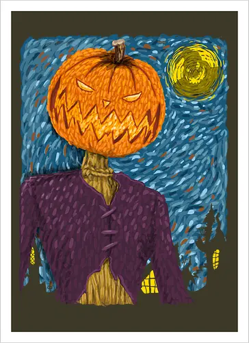 Starry Night in Halloween town - van gogh, starry night, scarecrow, pumpkin, night before christmas, terror movies, animation, halloween - Kunstdruck