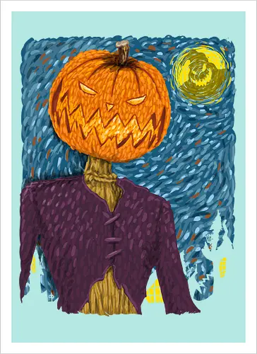 Starry Night in Halloween town - van gogh, starry night, scarecrow, pumpkin, night before christmas, terror movies, animation, halloween - Kunstdruck