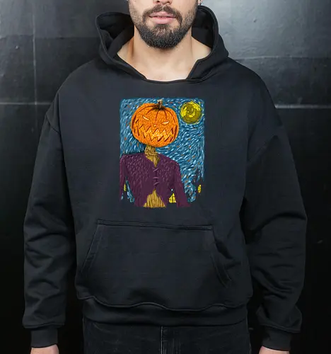 Starry Night in Halloween town - van gogh, starry night, scarecrow, pumpkin, night before christmas, terror movies, animation, halloween - Cropped Hoodie