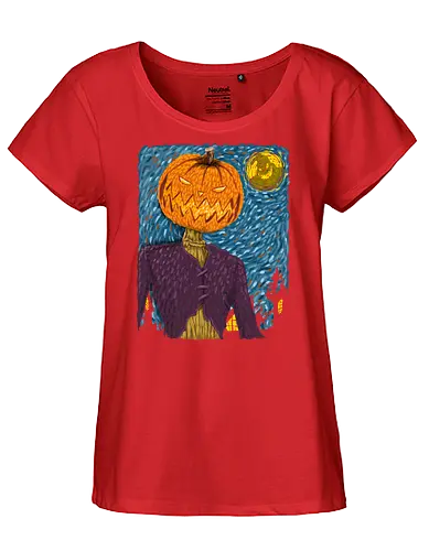 Starry Night in Halloween town - van gogh, starry night, scarecrow, pumpkin, night before christmas, terror movies, animation, halloween - Fairtrade Girl Shirt