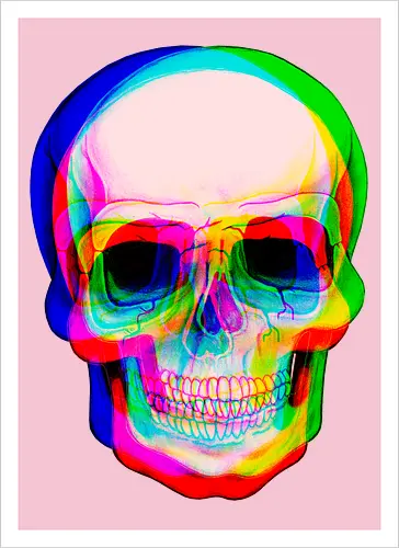 Bunter Schädel mit Digitalem Glitch-Effekt - bunter Schädel, digitaler Glitch-Effekt, psychedelische Kunst, lebendige Farben, urbane Ästhetik, modernes Grafikdesign, visuelle Verzerrung, Farbschichten, zeitgenössische Kunst, digitale Illustration, dunkler Hintergrund, Anaglyph-Stil, alternative Kunst, zeitloses Symbol, mutiges Design - Kunstdruck
