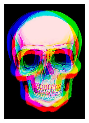 Bunter Schädel mit Digitalem Glitch-Effekt - bunter Schädel, digitaler Glitch-Effekt, psychedelische Kunst, lebendige Farben, urbane Ästhetik, modernes Grafikdesign, visuelle Verzerrung, Farbschichten, zeitgenössische Kunst, digitale Illustration, dunkler Hintergrund, Anaglyph-Stil, alternative Kunst, zeitloses Symbol, mutiges Design - Kunstdruck