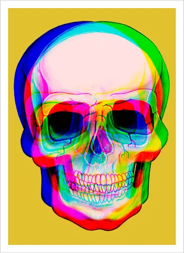 Bunter Schädel mit Digitalem Glitch-Effekt - bunter Schädel, digitaler Glitch-Effekt, psychedelische Kunst, lebendige Farben, urbane Ästhetik, modernes Grafikdesign, visuelle Verzerrung, Farbschichten, zeitgenössische Kunst, digitale Illustration, dunkler Hintergrund, Anaglyph-Stil, alternative Kunst, zeitloses Symbol, mutiges Design - Kunstdruck
