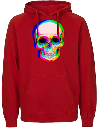 Bunter Schädel mit Digitalem Glitch-Effekt - bunter Schädel, digitaler Glitch-Effekt, psychedelische Kunst, lebendige Farben, urbane Ästhetik, modernes Grafikdesign, visuelle Verzerrung, Farbschichten, zeitgenössische Kunst, digitale Illustration, dunkler Hintergrund, Anaglyph-Stil, alternative Kunst, zeitloses Symbol, mutiges Design - Fairtrade Hoodie