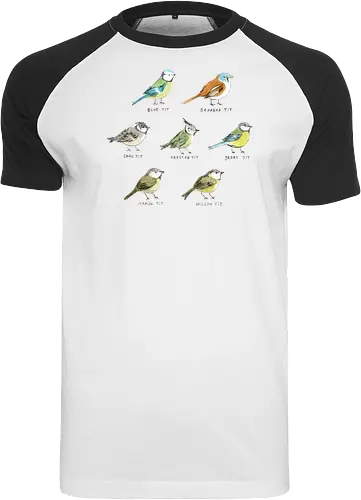 Sieben Bunte Vogelarten Aquarell Bleistift Naturalist Kunst - europäische Vögel Shirt, Ornithologie dekorative Illustration, britische Vögel Sammlung, wissenschaftliche Vogel Illustration, bunte Vögel Komposition, pädagogische Natur Kunst, Vogelliebhaber Geschenk, sieben bunte Vogelarten, naturalistischer Aquarell Illustration, identifizierte europäische Vögel, handgefertigte ornithologische Kunst, bunte Meisen Sammlung, handgefertigte Arten Typografie, blau grün gelb orange braun Vogel, Vogelbeobachter Kunst Geschenk - Raglan T-Shirt