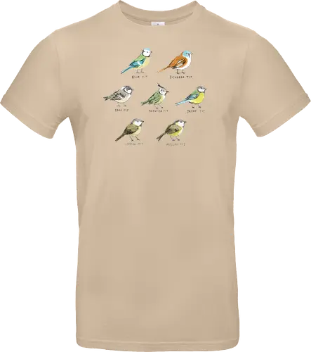Sieben Bunte Vogelarten Aquarell Bleistift Naturalist Kunst - europäische Vögel Shirt, Ornithologie dekorative Illustration, britische Vögel Sammlung, wissenschaftliche Vogel Illustration, bunte Vögel Komposition, pädagogische Natur Kunst, Vogelliebhaber Geschenk, sieben bunte Vogelarten, naturalistischer Aquarell Illustration, identifizierte europäische Vögel, handgefertigte ornithologische Kunst, bunte Meisen Sammlung, handgefertigte Arten Typografie, blau grün gelb orange braun Vogel, Vogelbeobachter Kunst Geschenk - Standard T-Shirt