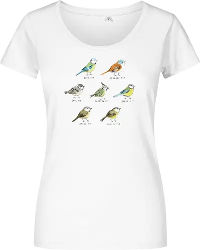 Sieben Bunte Vogelarten Aquarell Bleistift Naturalist Kunst - europäische Vögel Shirt, Ornithologie dekorative Illustration, britische Vögel Sammlung, wissenschaftliche Vogel Illustration, bunte Vögel Komposition, pädagogische Natur Kunst, Vogelliebhaber Geschenk, sieben bunte Vogelarten, naturalistischer Aquarell Illustration, identifizierte europäische Vögel, handgefertigte ornithologische Kunst, bunte Meisen Sammlung, handgefertigte Arten Typografie, blau grün gelb orange braun Vogel, Vogelbeobachter Kunst Geschenk - Damen T-Shirt