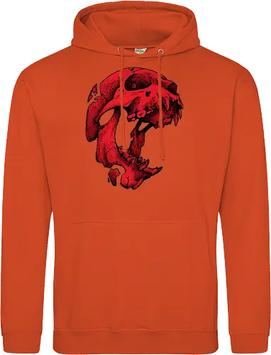 Blutroter Dinosaurierschädel-Amoklauf - Tierschädel, Katzenschädel, Raubtierschädel, Horror-Kunst, gotische Illustration, gesprungener Schädel, Zeichnung mit roter Tinte, düstere Ästhetik, Knochenkunst, makabres Design, stilisierter Schädel, schwarzer Hintergrund, Grunge-Schädel, scharfe Zähne - Standard Hoodie