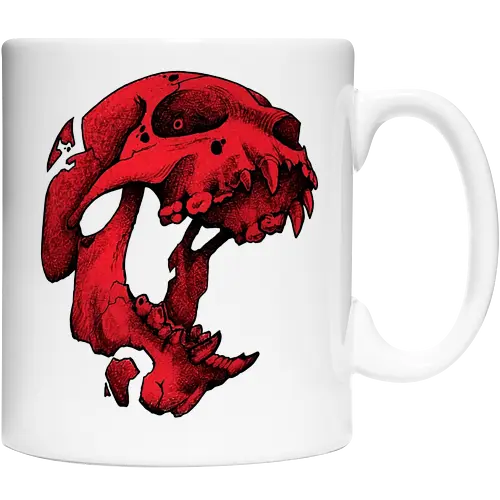 Blutroter Dinosaurierschädel-Amoklauf - Tierschädel, Katzenschädel, Raubtierschädel, Horror-Kunst, gotische Illustration, gesprungener Schädel, Zeichnung mit roter Tinte, düstere Ästhetik, Knochenkunst, makabres Design, stilisierter Schädel, schwarzer Hintergrund, Grunge-Schädel, scharfe Zähne - Keramiktasse
