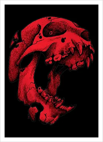 Blutroter Dinosaurierschädel-Amoklauf - Tierschädel, Katzenschädel, Raubtierschädel, Horror-Kunst, gotische Illustration, gesprungener Schädel, Zeichnung mit roter Tinte, düstere Ästhetik, Knochenkunst, makabres Design, stilisierter Schädel, schwarzer Hintergrund, Grunge-Schädel, scharfe Zähne - Kunstdruck