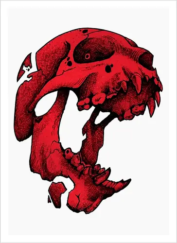 Blutroter Dinosaurierschädel-Amoklauf - Tierschädel, Katzenschädel, Raubtierschädel, Horror-Kunst, gotische Illustration, gesprungener Schädel, Zeichnung mit roter Tinte, düstere Ästhetik, Knochenkunst, makabres Design, stilisierter Schädel, schwarzer Hintergrund, Grunge-Schädel, scharfe Zähne - Kunstdruck