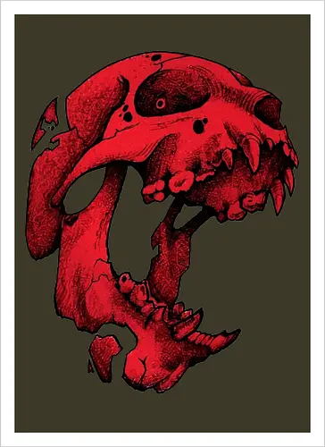 Blutroter Dinosaurierschädel-Amoklauf - Tierschädel, Katzenschädel, Raubtierschädel, Horror-Kunst, gotische Illustration, gesprungener Schädel, Zeichnung mit roter Tinte, düstere Ästhetik, Knochenkunst, makabres Design, stilisierter Schädel, schwarzer Hintergrund, Grunge-Schädel, scharfe Zähne - Kunstdruck