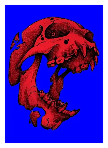 Blutroter Dinosaurierschädel-Amoklauf - Tierschädel, Katzenschädel, Raubtierschädel, Horror-Kunst, gotische Illustration, gesprungener Schädel, Zeichnung mit roter Tinte, düstere Ästhetik, Knochenkunst, makabres Design, stilisierter Schädel, schwarzer Hintergrund, Grunge-Schädel, scharfe Zähne - Kunstdruck
