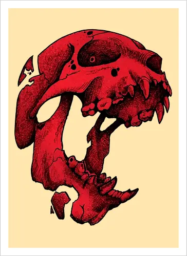 Blutroter Dinosaurierschädel-Amoklauf - Tierschädel, Katzenschädel, Raubtierschädel, Horror-Kunst, gotische Illustration, gesprungener Schädel, Zeichnung mit roter Tinte, düstere Ästhetik, Knochenkunst, makabres Design, stilisierter Schädel, schwarzer Hintergrund, Grunge-Schädel, scharfe Zähne - Kunstdruck