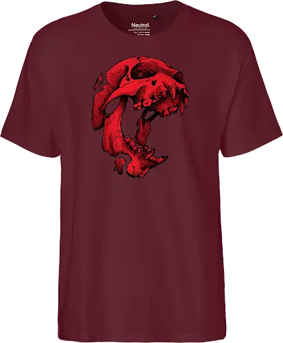 Blutroter Dinosaurierschädel-Amoklauf - Tierschädel, Katzenschädel, Raubtierschädel, Horror-Kunst, gotische Illustration, gesprungener Schädel, Zeichnung mit roter Tinte, düstere Ästhetik, Knochenkunst, makabres Design, stilisierter Schädel, schwarzer Hintergrund, Grunge-Schädel, scharfe Zähne - Fairtrade T-Shirt