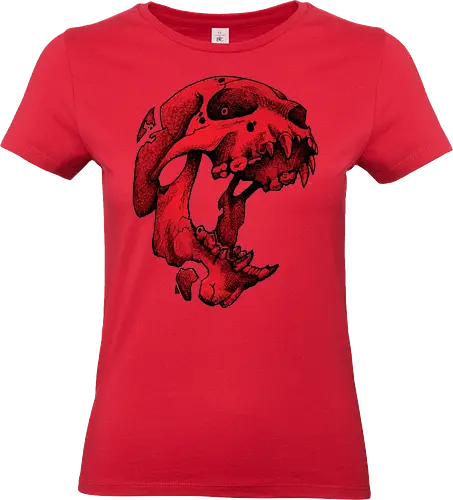 Blutroter Dinosaurierschädel-Amoklauf - Tierschädel, Katzenschädel, Raubtierschädel, Horror-Kunst, gotische Illustration, gesprungener Schädel, Zeichnung mit roter Tinte, düstere Ästhetik, Knochenkunst, makabres Design, stilisierter Schädel, schwarzer Hintergrund, Grunge-Schädel, scharfe Zähne - Standard T-Shirt (Frauen)