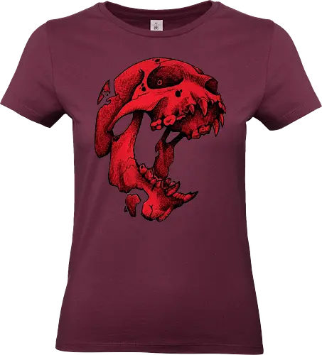 Blutroter Dinosaurierschädel-Amoklauf - Tierschädel, Katzenschädel, Raubtierschädel, Horror-Kunst, gotische Illustration, gesprungener Schädel, Zeichnung mit roter Tinte, düstere Ästhetik, Knochenkunst, makabres Design, stilisierter Schädel, schwarzer Hintergrund, Grunge-Schädel, scharfe Zähne - Standard T-Shirt (Frauen)