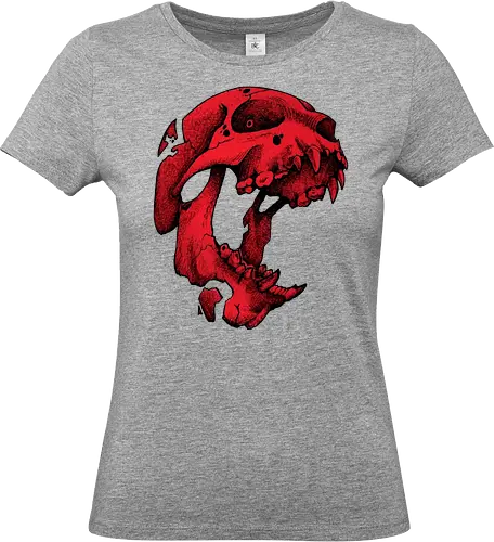Blutroter Dinosaurierschädel-Amoklauf - Tierschädel, Katzenschädel, Raubtierschädel, Horror-Kunst, gotische Illustration, gesprungener Schädel, Zeichnung mit roter Tinte, düstere Ästhetik, Knochenkunst, makabres Design, stilisierter Schädel, schwarzer Hintergrund, Grunge-Schädel, scharfe Zähne - Standard T-Shirt (Frauen)