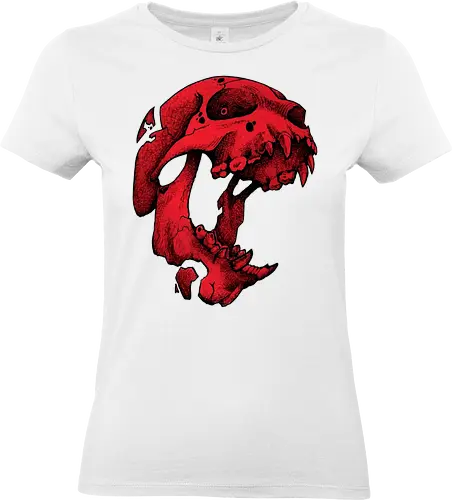 Blutroter Dinosaurierschädel-Amoklauf - Tierschädel, Katzenschädel, Raubtierschädel, Horror-Kunst, gotische Illustration, gesprungener Schädel, Zeichnung mit roter Tinte, düstere Ästhetik, Knochenkunst, makabres Design, stilisierter Schädel, schwarzer Hintergrund, Grunge-Schädel, scharfe Zähne - Standard T-Shirt (Frauen)