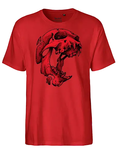 Blutroter Dinosaurierschädel-Amoklauf - Tierschädel, Katzenschädel, Raubtierschädel, Horror-Kunst, gotische Illustration, gesprungener Schädel, Zeichnung mit roter Tinte, düstere Ästhetik, Knochenkunst, makabres Design, stilisierter Schädel, schwarzer Hintergrund, Grunge-Schädel, scharfe Zähne - Fairtrade T-Shirt