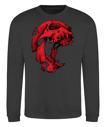 Blutroter Dinosaurierschädel-Amoklauf - Tierschädel, Katzenschädel, Raubtierschädel, Horror-Kunst, gotische Illustration, gesprungener Schädel, Zeichnung mit roter Tinte, düstere Ästhetik, Knochenkunst, makabres Design, stilisierter Schädel, schwarzer Hintergrund, Grunge-Schädel, scharfe Zähne - Sweatshirt