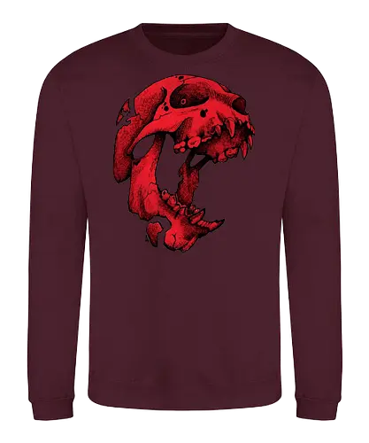 Blutroter Dinosaurierschädel-Amoklauf - Tierschädel, Katzenschädel, Raubtierschädel, Horror-Kunst, gotische Illustration, gesprungener Schädel, Zeichnung mit roter Tinte, düstere Ästhetik, Knochenkunst, makabres Design, stilisierter Schädel, schwarzer Hintergrund, Grunge-Schädel, scharfe Zähne - Sweatshirt