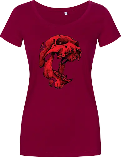Blutroter Dinosaurierschädel-Amoklauf - Tierschädel, Katzenschädel, Raubtierschädel, Horror-Kunst, gotische Illustration, gesprungener Schädel, Zeichnung mit roter Tinte, düstere Ästhetik, Knochenkunst, makabres Design, stilisierter Schädel, schwarzer Hintergrund, Grunge-Schädel, scharfe Zähne - Damen T-Shirt