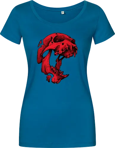 Blutroter Dinosaurierschädel-Amoklauf - Tierschädel, Katzenschädel, Raubtierschädel, Horror-Kunst, gotische Illustration, gesprungener Schädel, Zeichnung mit roter Tinte, düstere Ästhetik, Knochenkunst, makabres Design, stilisierter Schädel, schwarzer Hintergrund, Grunge-Schädel, scharfe Zähne - Damen T-Shirt