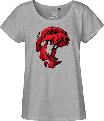 Blutroter Dinosaurierschädel-Amoklauf - Tierschädel, Katzenschädel, Raubtierschädel, Horror-Kunst, gotische Illustration, gesprungener Schädel, Zeichnung mit roter Tinte, düstere Ästhetik, Knochenkunst, makabres Design, stilisierter Schädel, schwarzer Hintergrund, Grunge-Schädel, scharfe Zähne - Fairtrade Girl Shirt