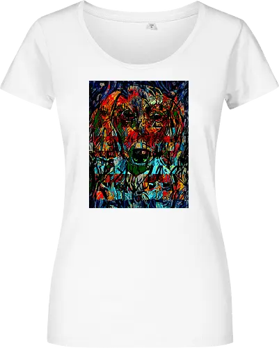 Digital Cyber Dog - Glitch Art, Abstrakt, Digital Art, Hund, Dackel, Hundeporträt, Dog Art, Vierbeiner, Haustier, Kontrastreich, Neongrün, Cyan, Grafikdesign, Pixeleffekt, Geek Art, Nerdwear, Statementshirt, Unkonventionell, Eyecatcher, Mosaik, Cyberpunk, Expressionismus, Psychedelisch, Moderne Kunst - Damen T-Shirt