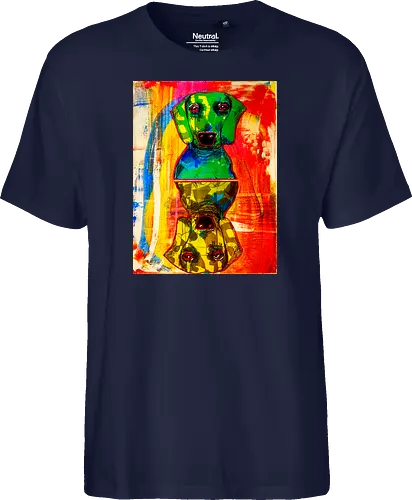 Neon Reflection: Upside Down - Pop Art, Expressionismus, Psychedelisch, Abstrakt, Neon, Spiegelung, Hund, Dackel, Jagdhund, Haustier, Kunstwerk, Gemälde, Farbenfroh, Kontrastreich, Grün, Gelb, Rot, Camouflage, Grafikdesign, Geek Art, Nerdwear, Statementshirt, Unkonventionell, Eyecatcher - Fairtrade T-Shirt