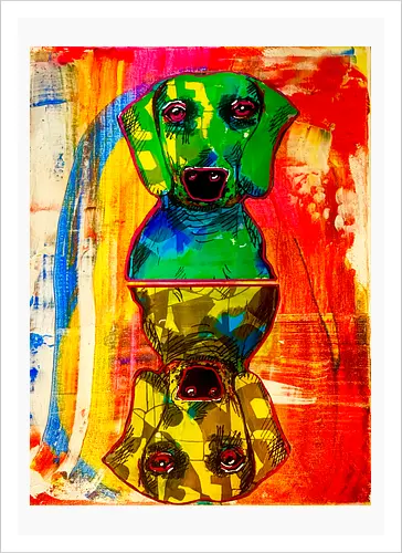Neon Reflection: Upside Down - Pop Art, Expressionismus, Psychedelisch, Abstrakt, Neon, Spiegelung, Hund, Dackel, Jagdhund, Haustier, Kunstwerk, Gemälde, Farbenfroh, Kontrastreich, Grün, Gelb, Rot, Camouflage, Grafikdesign, Geek Art, Nerdwear, Statementshirt, Unkonventionell, Eyecatcher - Kunstdruck