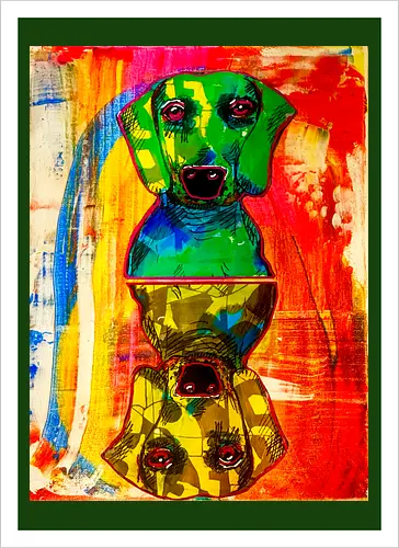 Neon Reflection: Upside Down - Pop Art, Expressionismus, Psychedelisch, Abstrakt, Neon, Spiegelung, Hund, Dackel, Jagdhund, Haustier, Kunstwerk, Gemälde, Farbenfroh, Kontrastreich, Grün, Gelb, Rot, Camouflage, Grafikdesign, Geek Art, Nerdwear, Statementshirt, Unkonventionell, Eyecatcher - Kunstdruck